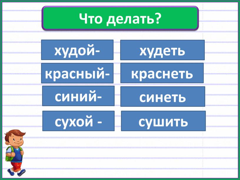 Упр. 174 худой- красный- синий- сухой - худеть краснеть синеть сушить