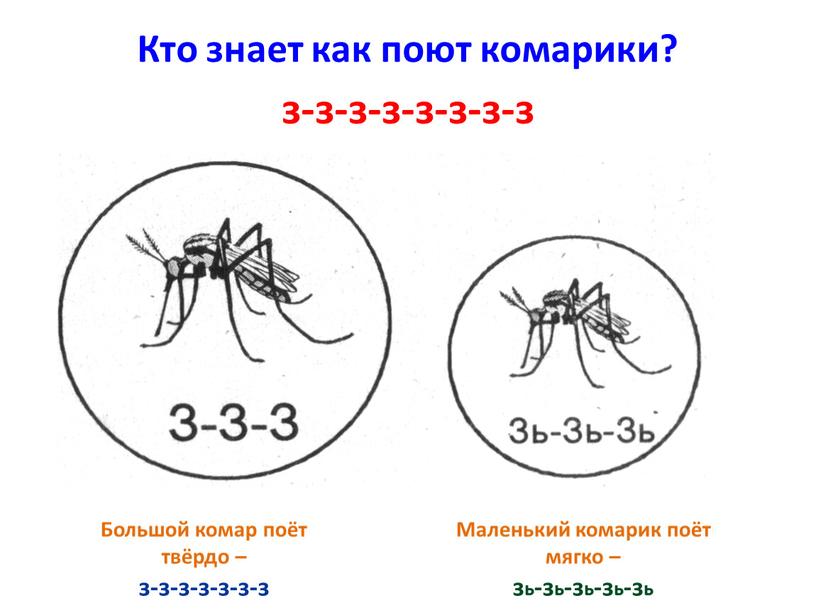 Кто знает как поют комарики? Большой комар поёт твёрдо – з-з-з-з-з-з-з