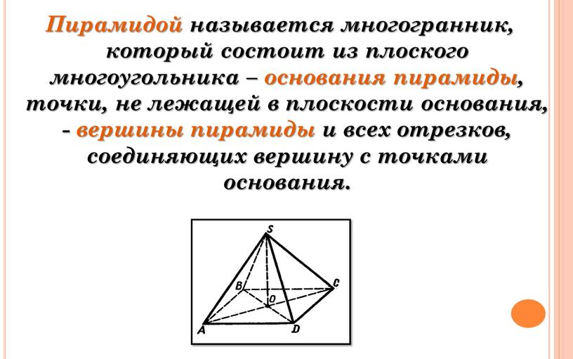 Пирамидой называется многогранник, который состоит из плоского многоугольника – основания пирамиды, точки, не лежащей в плоскости основания, - вершины пирамиды и всех отрезков, соединяющих вершину…