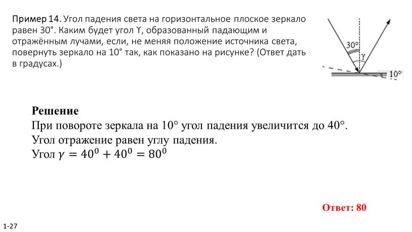 Пример 14. Угол па­де­ния света на го­ри­зон­таль­ное плос­кое зер­ка­ло равен 30°