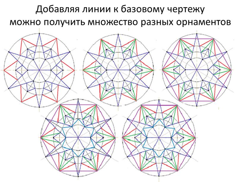 Добавляя линии к базовому чертежу можно получить множество разных орнаментов