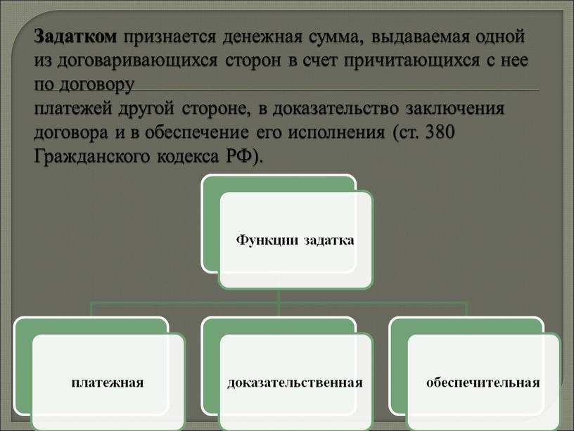 Задатком признается денежная сумма, выдаваемая одной из договаривающихся сторон в счет причитающихся с нее по договору платежей другой стороне, в доказательство заключения договора и в…