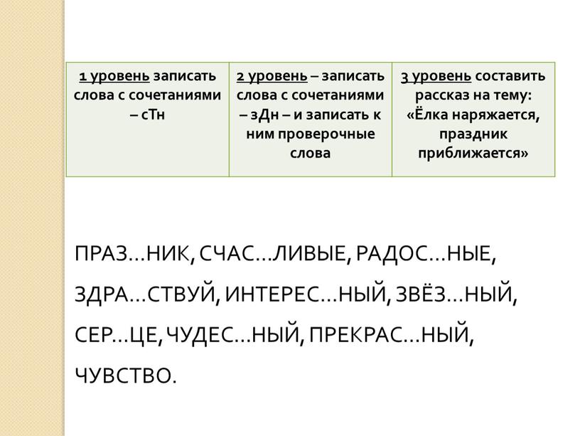 Тн 2 уровень – записать слова с сочетаниями – зДн – и записать к ним проверочные слова 3 уровень составить рассказ на тему: «Ёлка наряжается,…