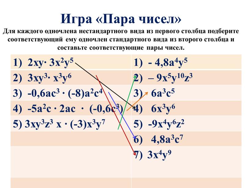 Игра «Пара чисел» Для каждого одночлена нестандартного вида из первого столбца подберите соответствующий ему одночлен стандартного вида из второго столбца и составьте соответствующие пары чисел