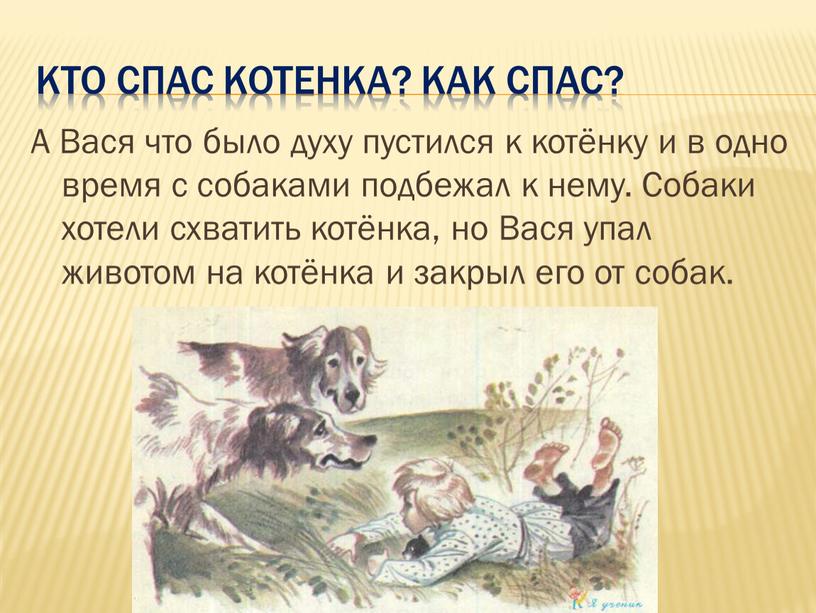 Кто спас котенка? Как спас? А Вася что было духу пустился к котёнку и в одно время с собаками подбежал к нему