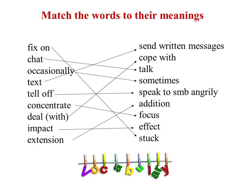 Match the words to their meanings fix on chat occasionally text tell off concentrate deal (with) impact extension send written messages cope with talk sometimes…