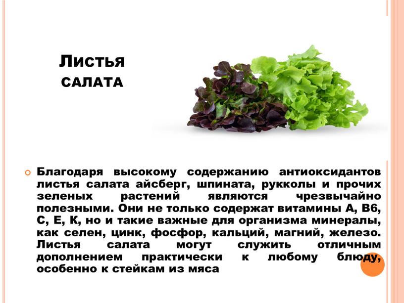 Листья салата Благодаря высокому содержанию антиоксидантов листья салата айсберг, шпината, рукколы и прочих зеленых растений являются чрезвычайно полезными