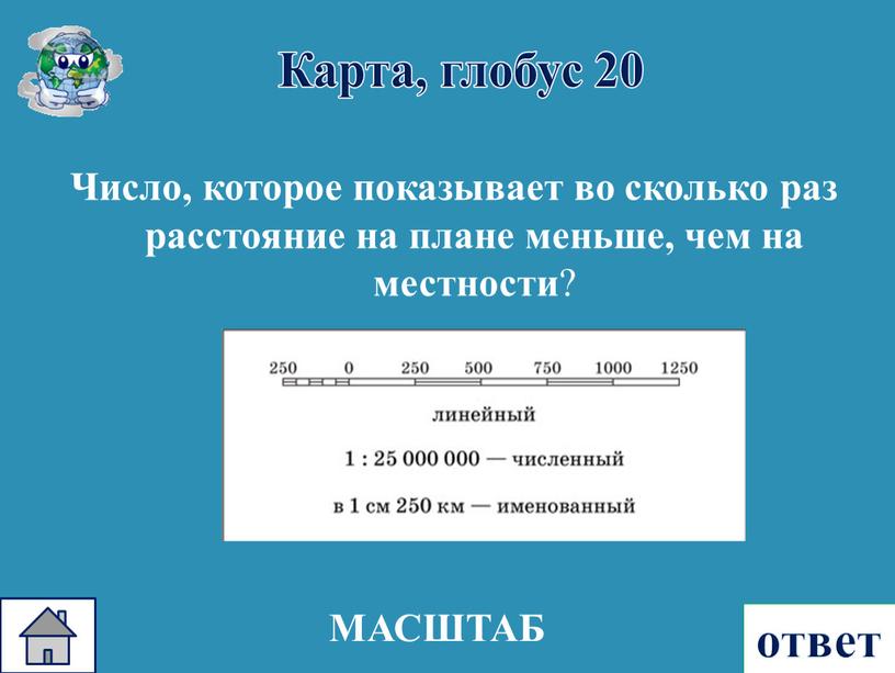 Карта, глобус 20 ответ Число, которое показывает во сколько раз расстояние на плане меньше, чем на местности ?