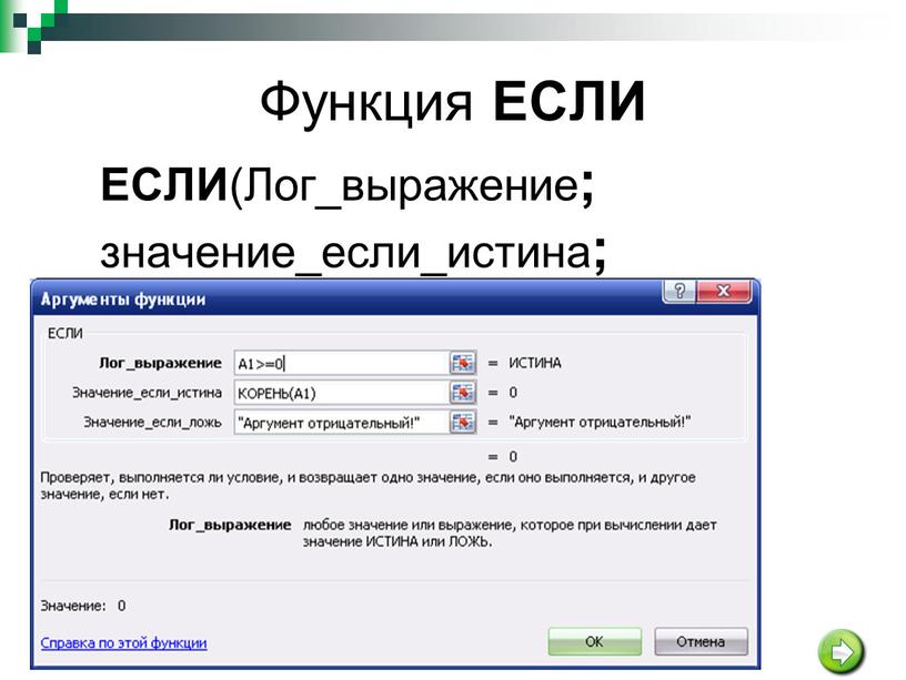 Функция ЕСЛИ ЕСЛИ (Лог_выражение ; значение_если_истина ; значение_если_ложь)