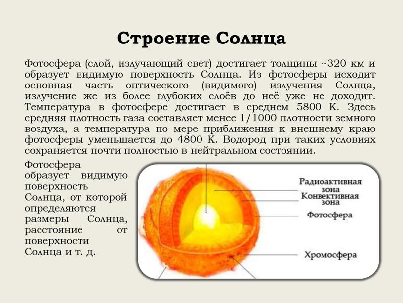 Строение Солнца Фотосфера (слой, излучающий свет) достигает толщины ~320 км и образует видимую поверхность