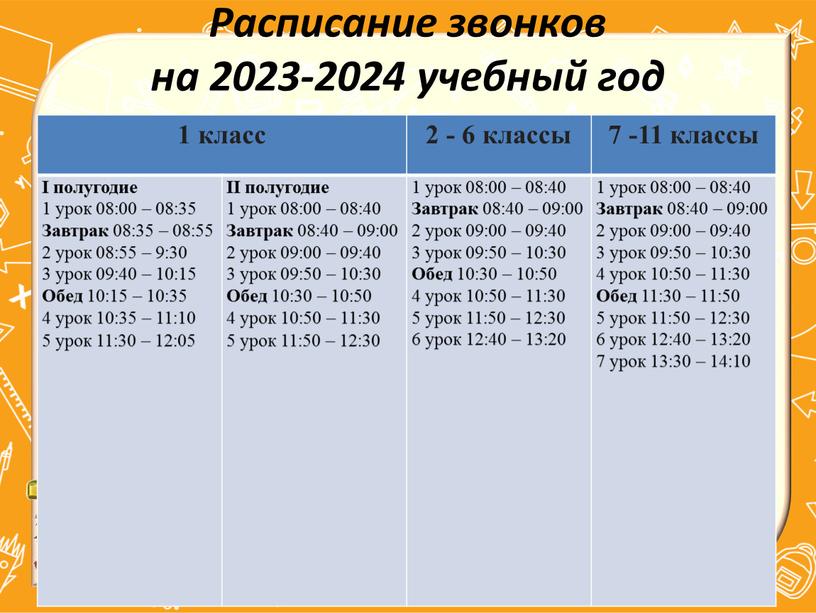 Расписание звонков на 2023-2024 учебный год 1 класс 2 - 6 классы 7 -11 классы