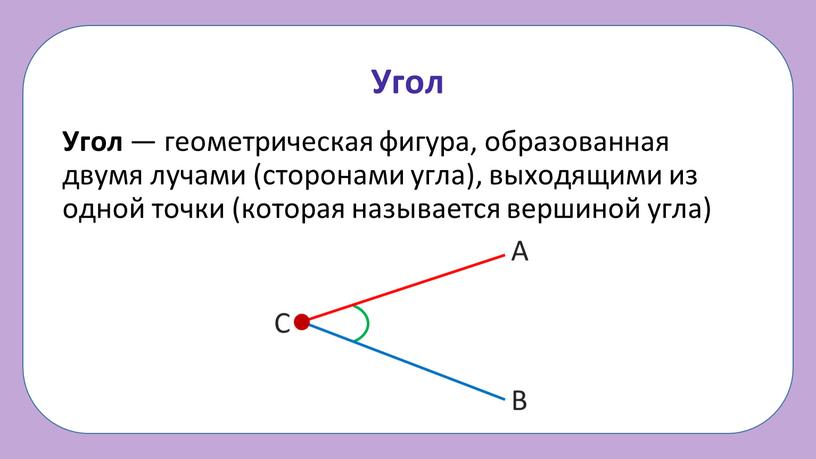 Угол Угол — геометрическая фигура, образованная двумя лучами (сторонами угла), выходящими из одной точки (которая называется вершиной угла)