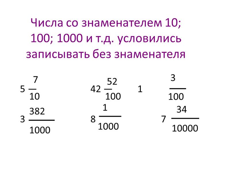 Числа со знаменателем 10; 100; 1000 и т