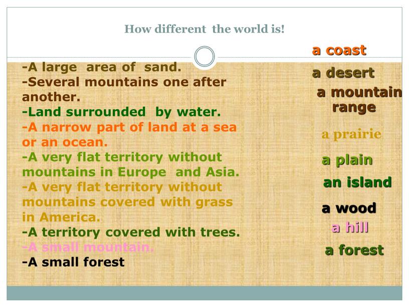 How different the world is! a prairie a coast a desert an island a plain a hill a mountain range a forest a wood -A…