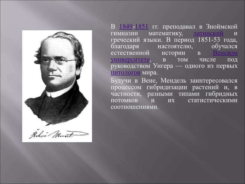 В 1849-1851 гг. преподавал в Зноймской гимназии математику, латинский и греческий языки