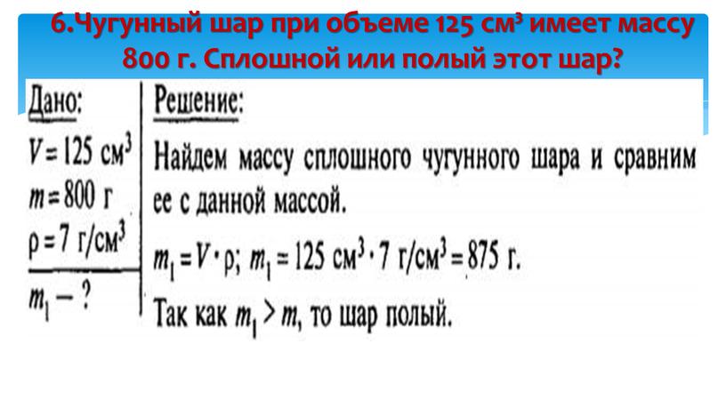 Чугунный шар при объеме 125 см³ имеет массу 800 г