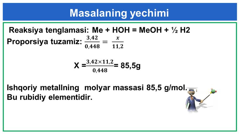 Reaksiya tenglamasi: Me + HOH =