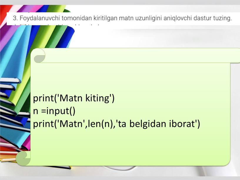 Matn kiting') n =input() print('Matn',len(n),'ta belgidan iborat')