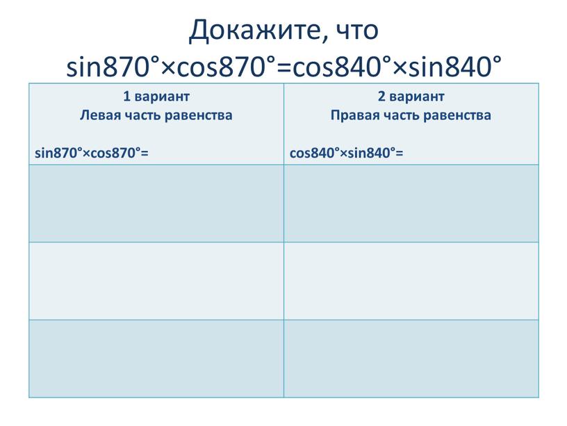 Докажите, что sin870°×cos870°=cos840°×sin840° 1 вариант