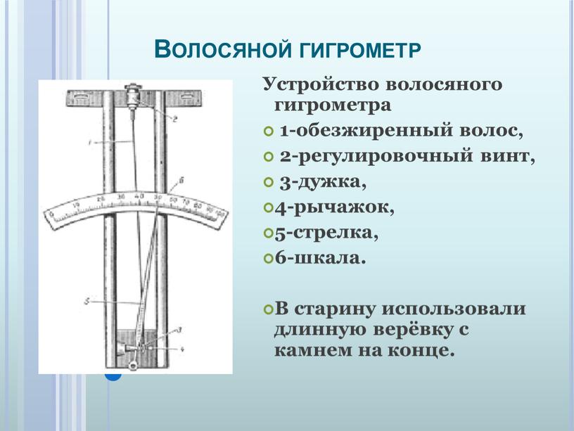 Волосяной гигрометр Устройство волосяного гигрометра 1-обезжиренный волос, 2-регулировочный винт, 3-дужка, 4-рычажок, 5-стрелка, 6-шкала