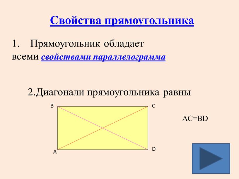 Прямоугольник обладает всеми свойствами параллелограмма 2