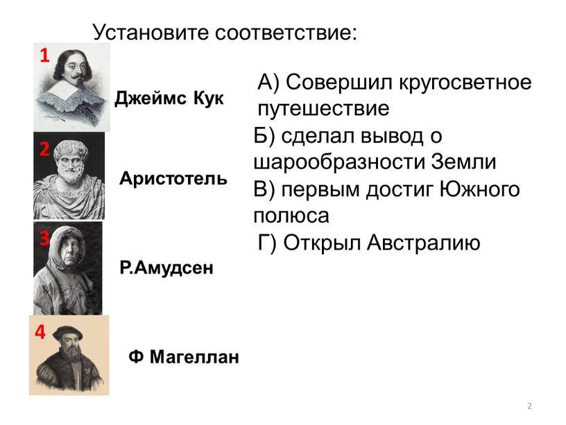 Установите соответствие: A) Совершил кругосветное путешествие