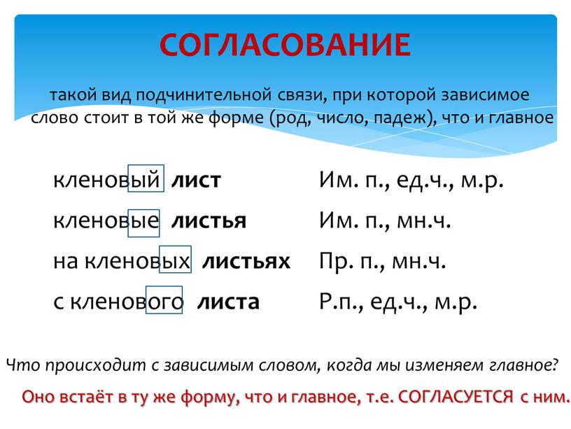 СОГЛАСОВАНИЕ такой вид подчинительной связи, при которой зависимое слово стоит в той же форме (род, число, падеж), что и главное кленовый лист кленовые листья на…