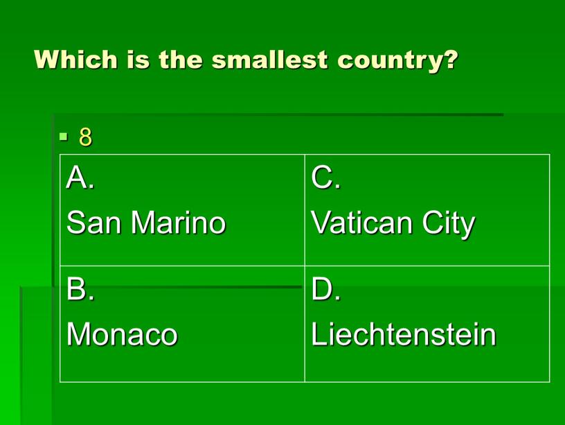 Which is the smallest country? 8
