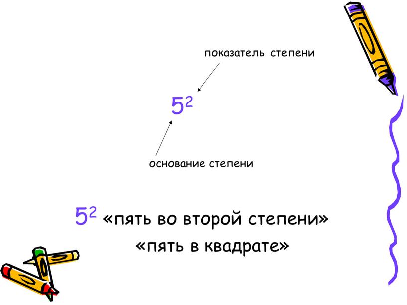 показатель степени 52 основание степени 52 «пять во второй степени» «пять в квадрате»