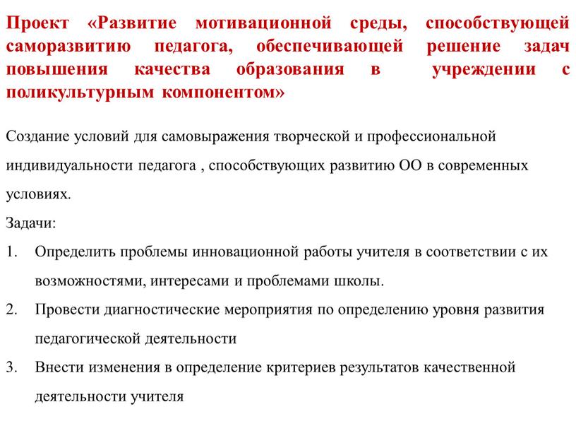 Проект «Развитие мотивационной среды, способствующей саморазвитию педагога, обеспечивающей решение задач повышения качества образования в учреждении с поликультурным компонентом»