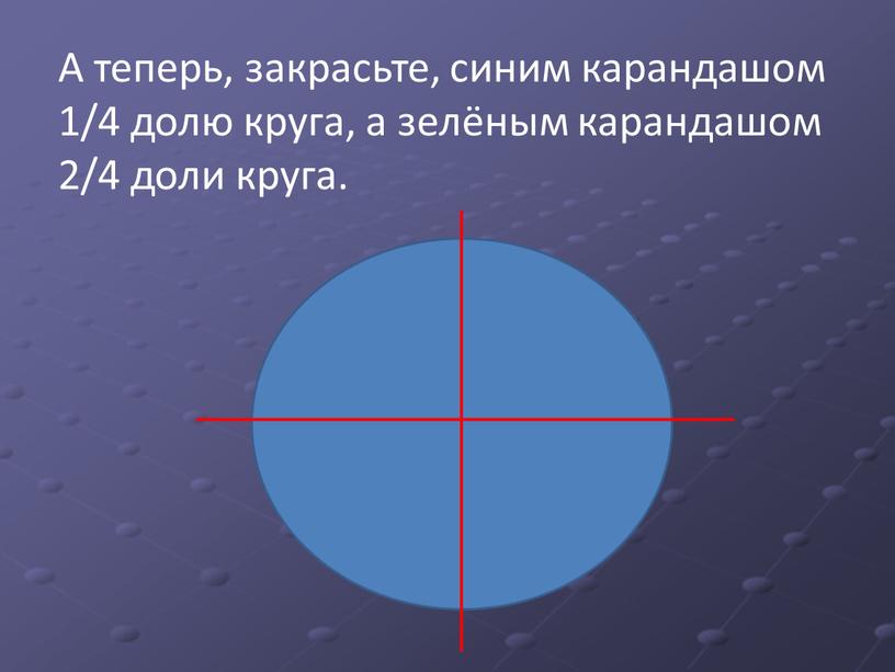 А теперь, закрасьте, синим карандашом 1/4 долю круга, а зелёным карандашом 2/4 доли круга