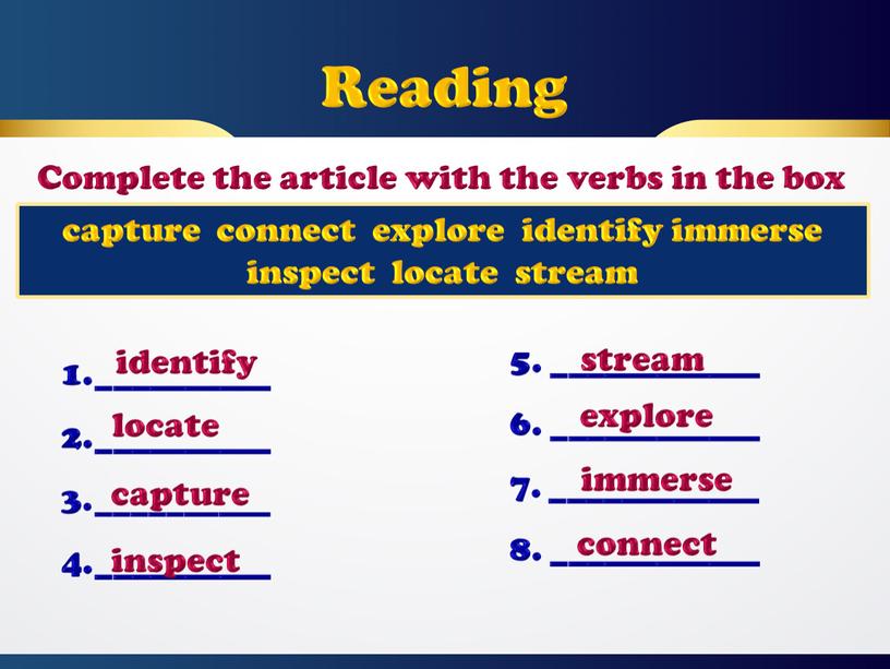 Reading Complete the article with the verbs in the box capture connect explore identify immerse inspect locate stream __________ __________ __________ __________ 5