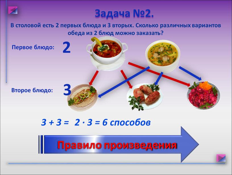 Задача №2. В столовой есть 2 первых блюда и 3 вторых