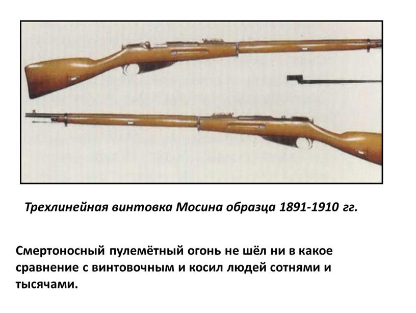Смертоносный пулемётный огонь не шёл ни в какое сравнение с винтовочным и косил людей сотнями и тысячами