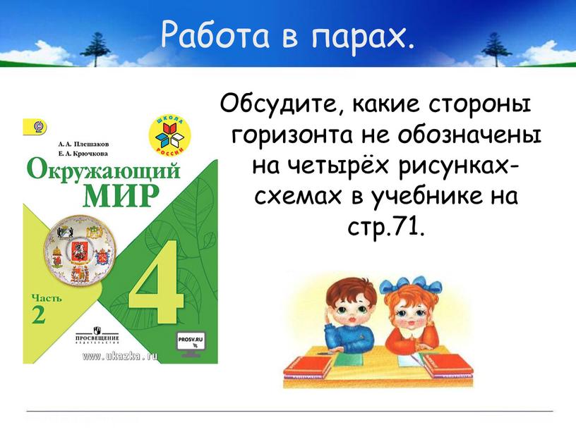 Работа в парах. Обсудите, какие стороны горизонта не обозначены на четырёх рисунках-схемах в учебнике на стр