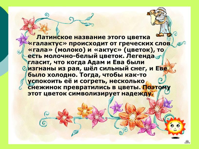 Латинское название этого цветка «галактус» происходит от греческих слов «гала» (молоко) и «актус» (цветок), то есть молочно-белый цветок