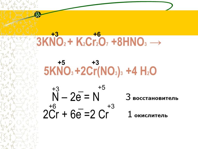 KNO2 + K2Cr2O7 +8HNO3 → 5KNO3 +2Cr(NO3)3 +4