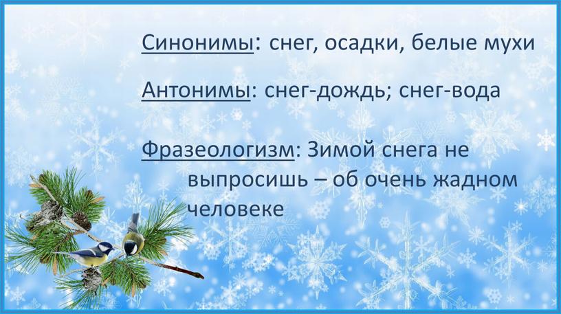 Синонимы : снег, осадки, белые мухи