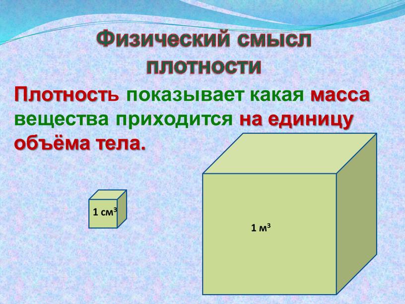 Плотность показывает какая масса вещества приходится на единицу объёма тела