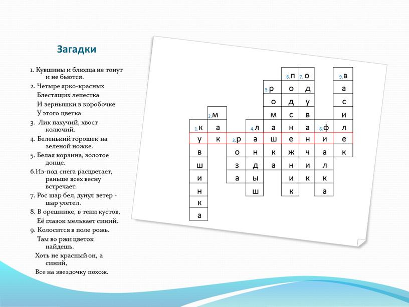 Загадки 1. Кувшины и блюдца не тонут и не бьются