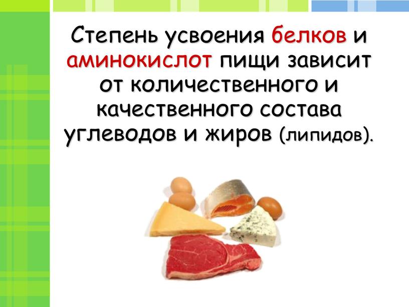 Степень усвоения белков и аминокислот пищи зависит от количественного и качественного состава углеводов и жиров (липидов)