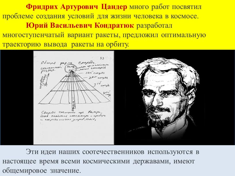 Фридрих Артурович Цандер много работ посвятил проблеме создания условий для жизни человека в космосе