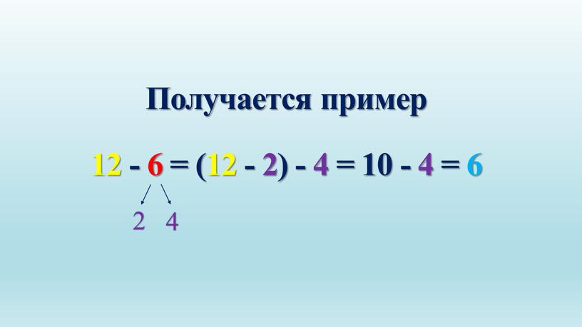 Получается пример 12 - 6 = (12 - 2) - 4 = 10 - 4 = 6 2 4