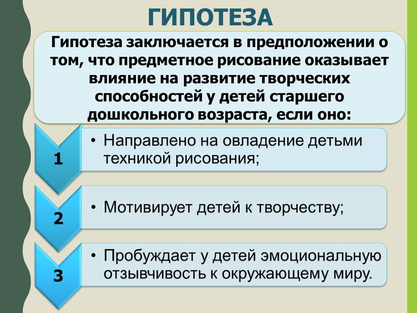 ГИПОТЕЗА Гипотеза заключается в предположении о том, что предметное рисование оказывает влияние на развитие творческих способностей у детей старшего дошкольного возраста, если оно: