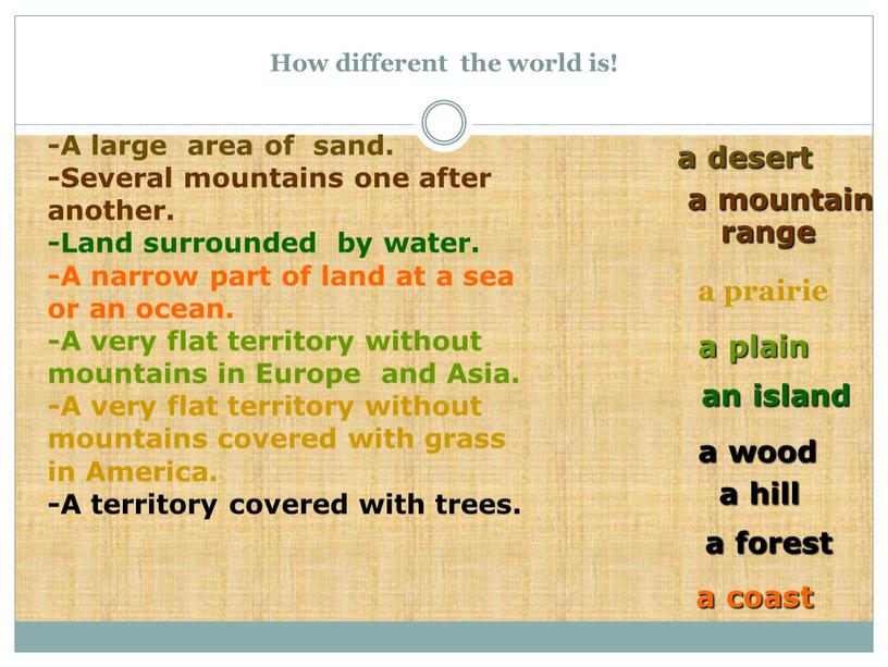 How different the world is! a prairie a coast a desert an island a plain a hill a mountain range a forest a wood -A…