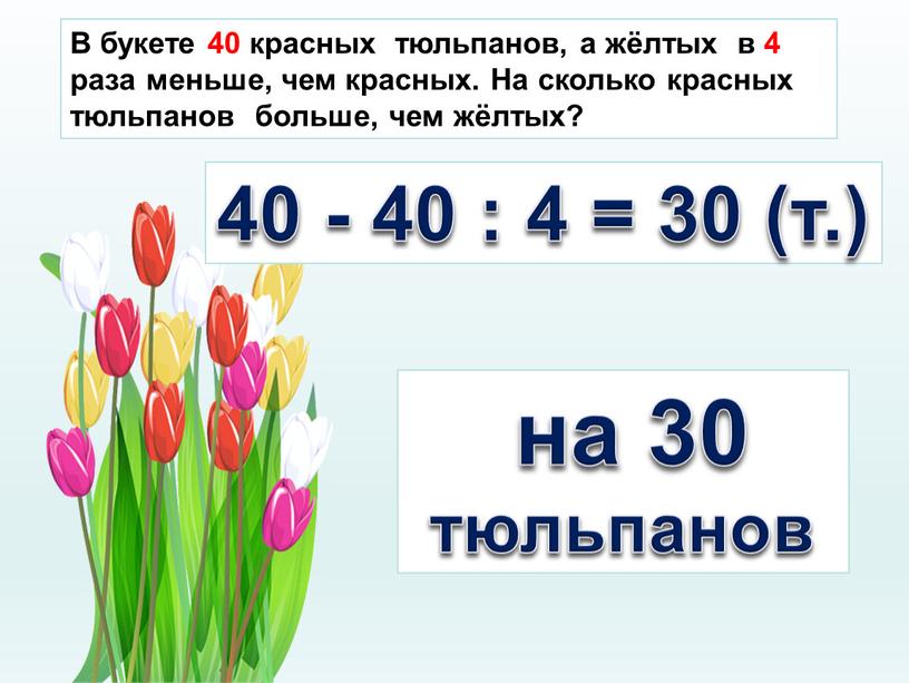 В букете 40 красных тюльпанов, а жёлтых в 4 раза меньше, чем красных