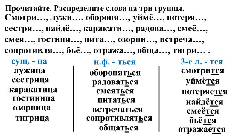 Прочитайте. Распределите слова на три группы