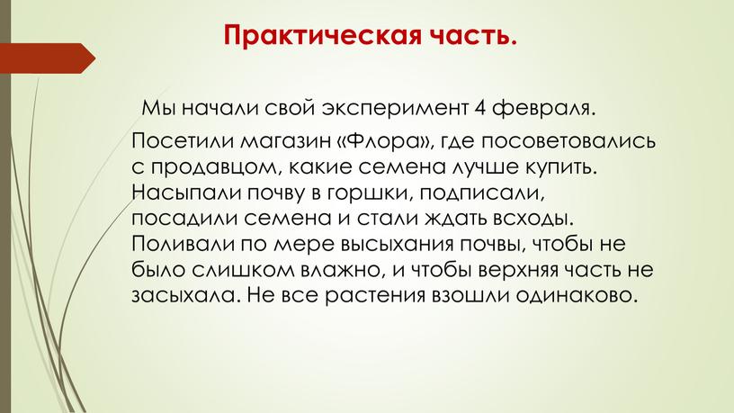 Практическая часть. Мы начали свой эксперимент 4 февраля