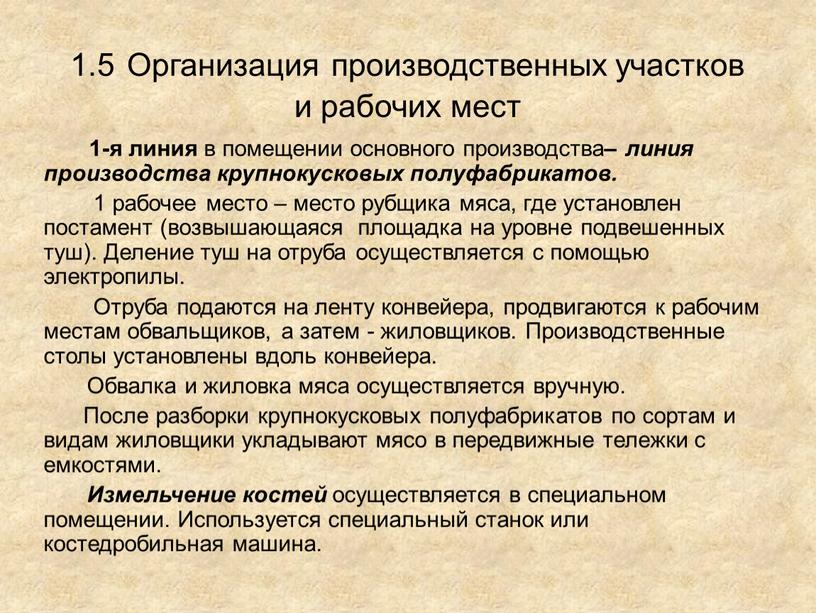 Организация производственных участков и рабочих мест 1-я линия в помещении основного производства – линия производства крупнокусковых полуфабрикатов