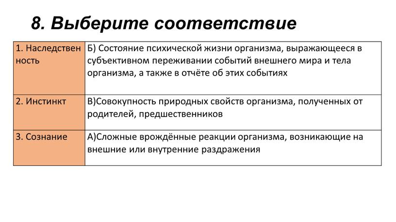 Выберите соответствие 1. Наследственность